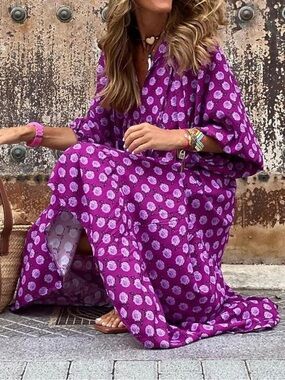Elegant Purple Patterned Long Sleeve Dress